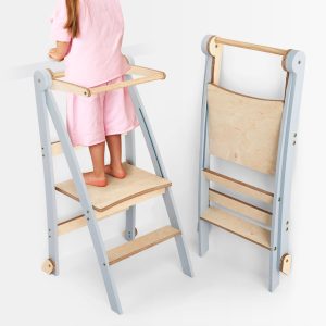 Folding Helping Stool – Montessori Growing Chair with Safety Rails for Toddlers – Grey